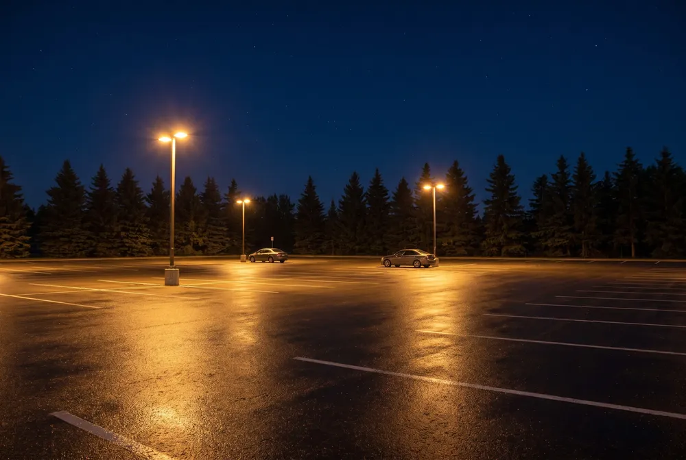 Wet parking lot at night under tall lamps